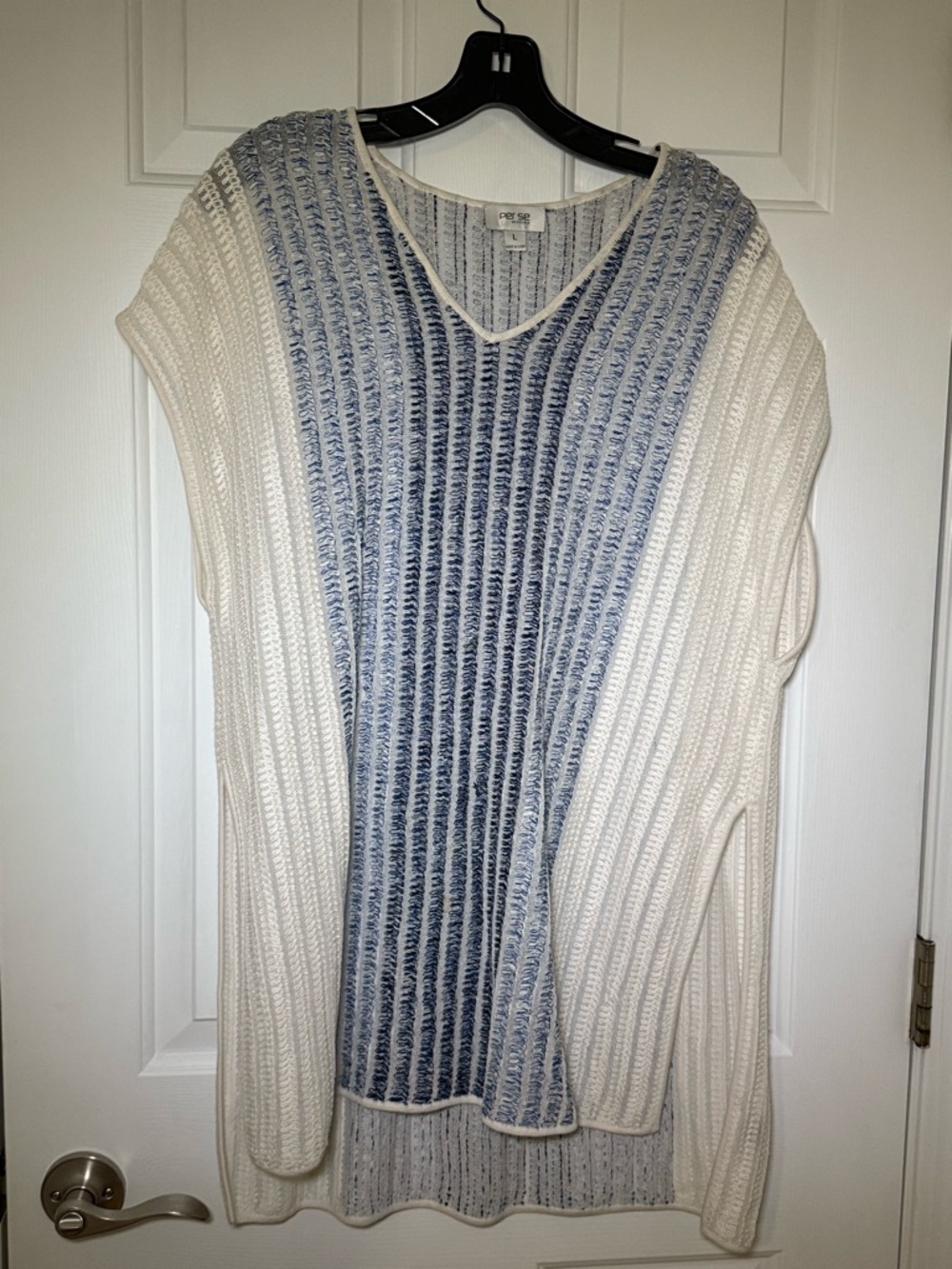 Per Se Blue & Cream Striped Knit V-Neck Top